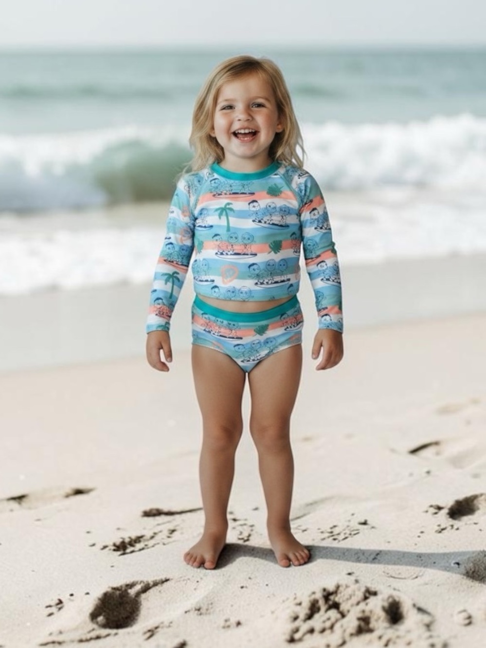 CoComelon' Long-Sleeve Swim Rashguard Character Set in Aqua & Coral Stripe - Picture 16 of 16